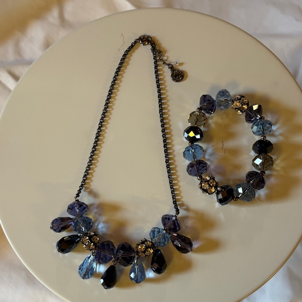 Liz Claiborne Blue and Navy Crystal Necklace with Matching Bracelet